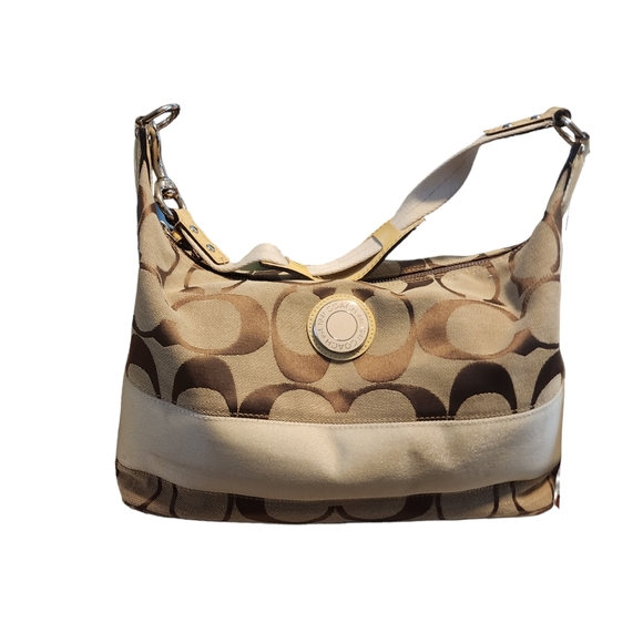 Coach Brown on Tan Stripe Signature Monogram Hobo Bag 23769E - Picture 2 of 8